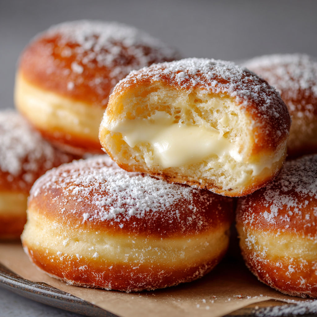 A plate of donuts with powdered sugar.