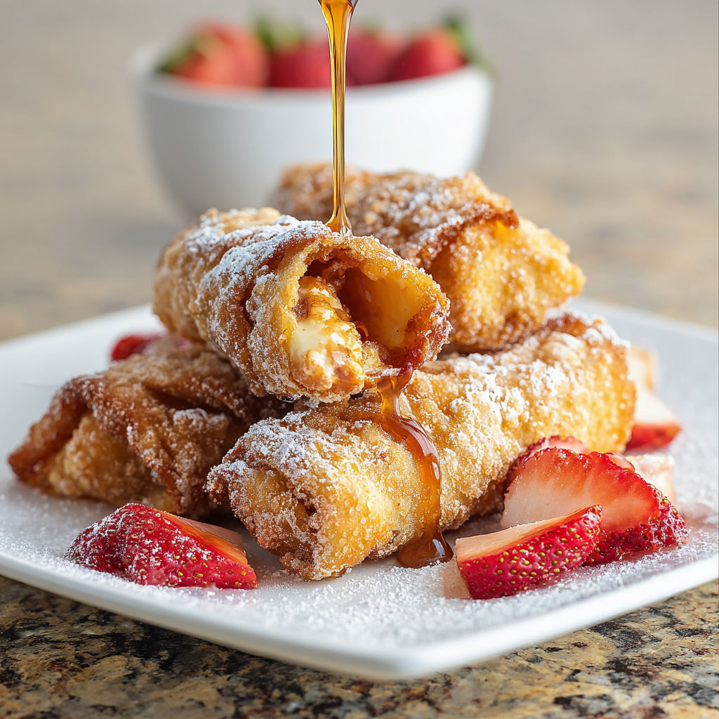 A plate of cheesecake egg rolls with syrup drizzled on top.