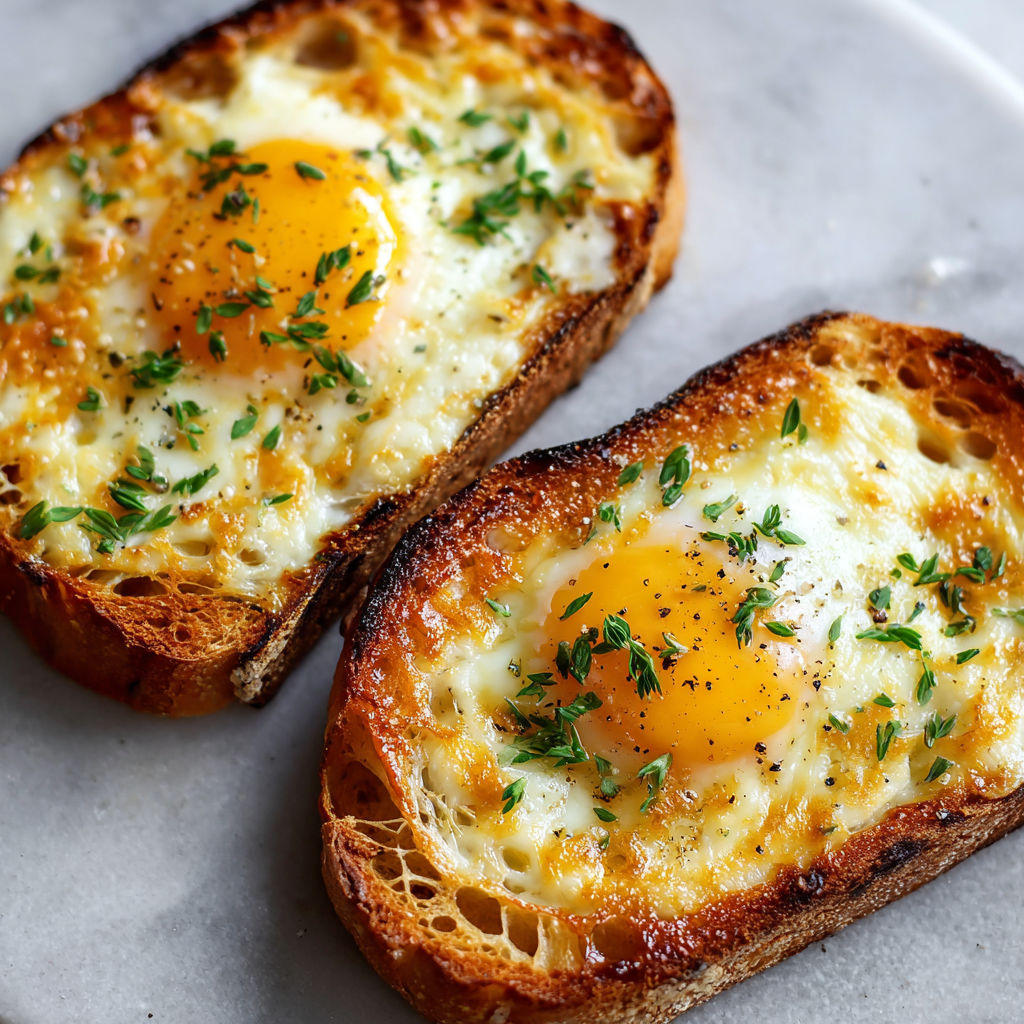 Two pieces of toast with eggs and cheese on top.