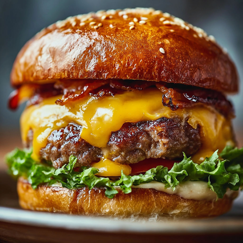 A close up of a bacon cheeseburger.