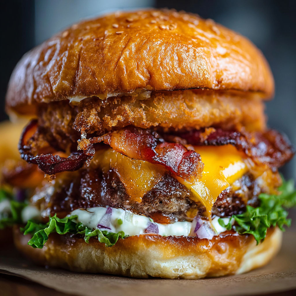 A close up of a bacon cheeseburger.