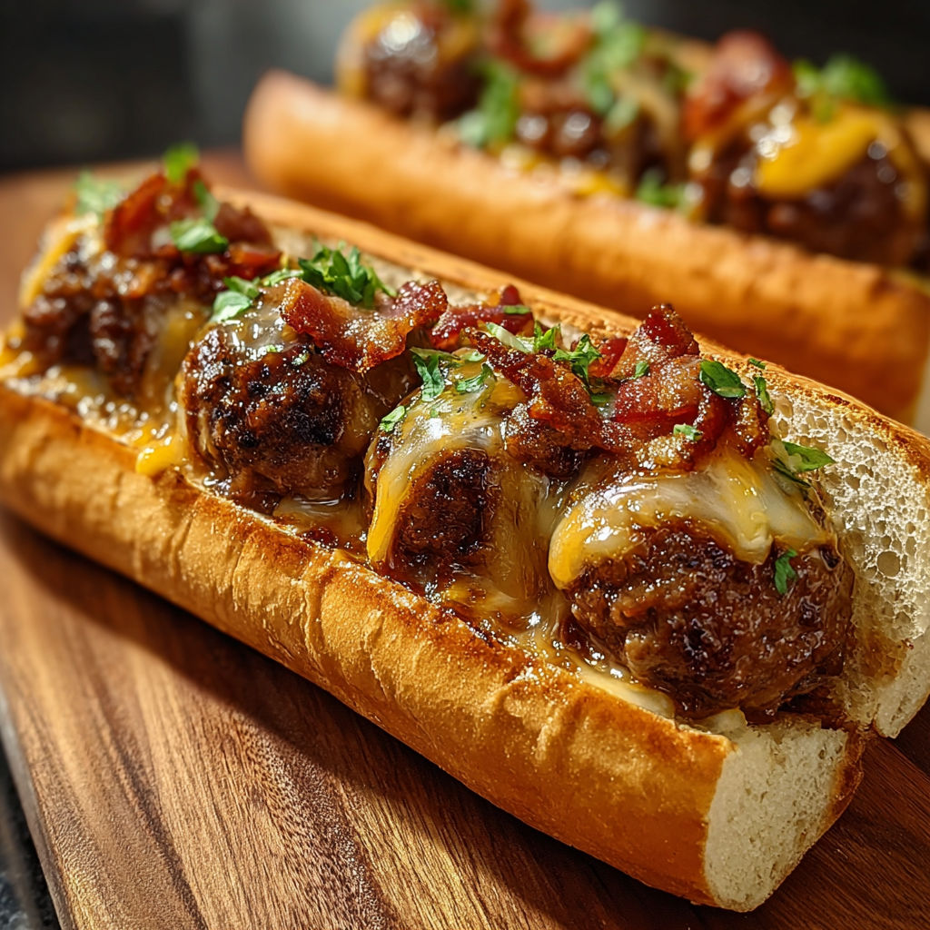 A hot dog with meatballs and bacon on top.