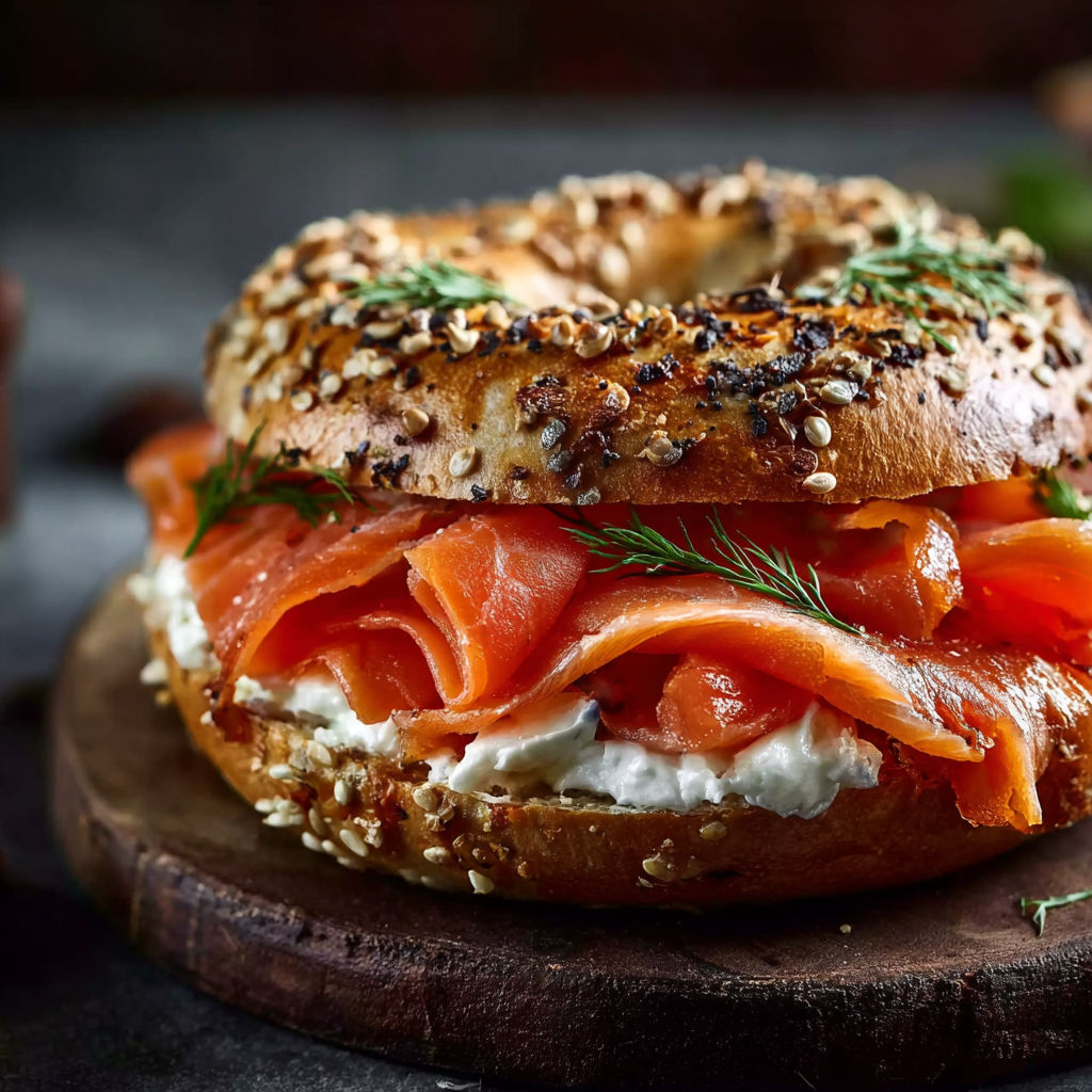 A smoked salmon bagel with white cream cheese.
