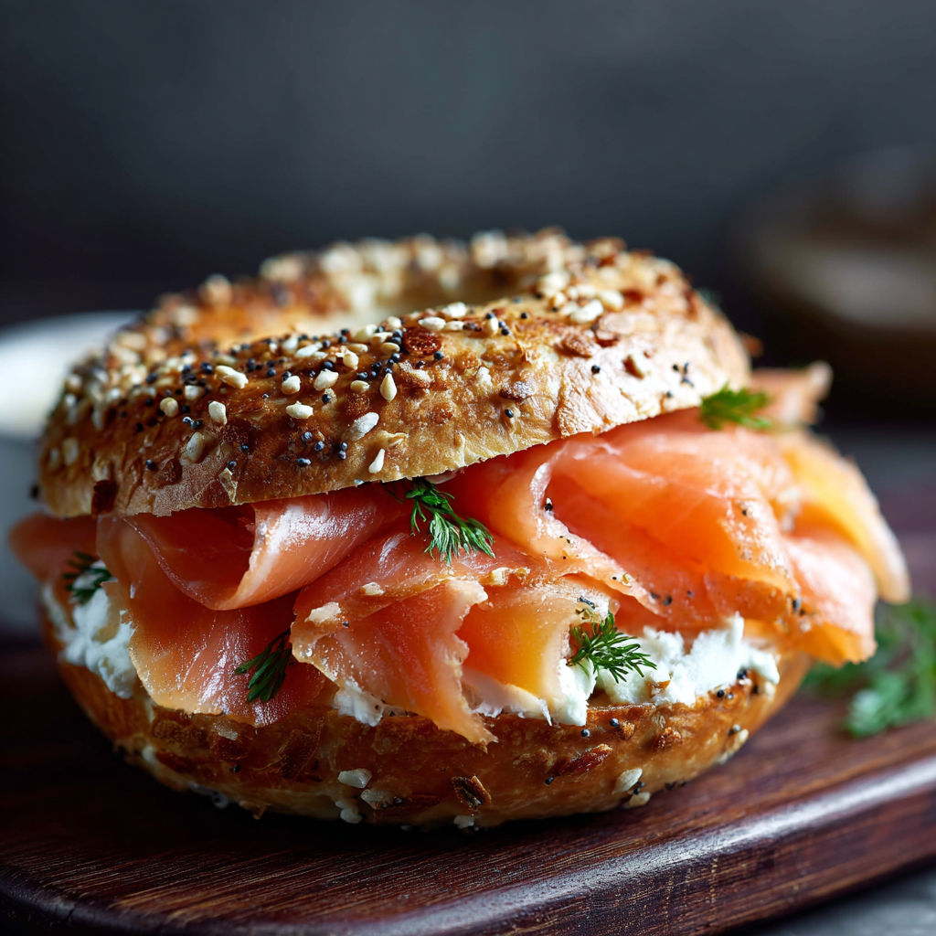 A smoked salmon bagel with cream cheese and capers.