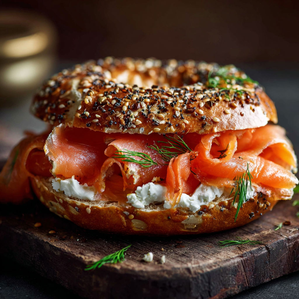 A bagel with smoked salmon on top.