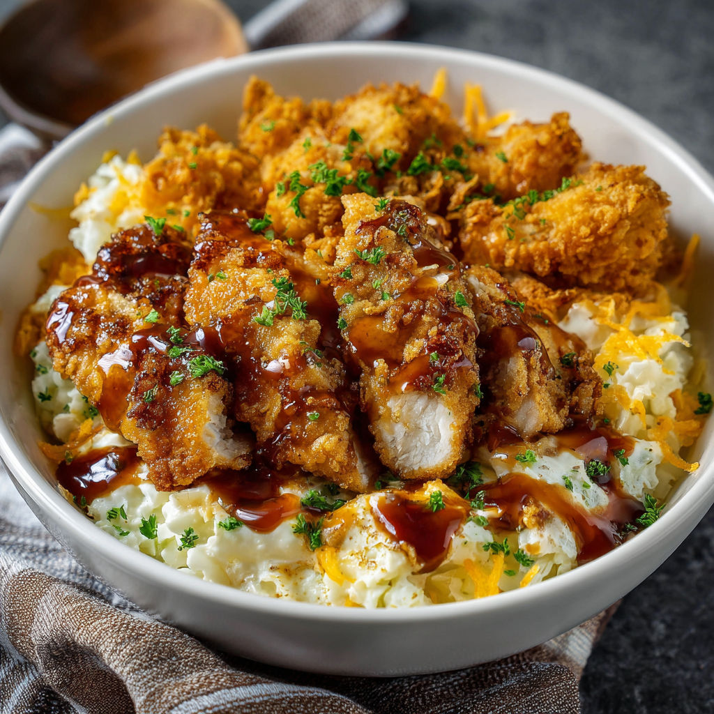 A bowl of food with chicken, rice, and gravy.