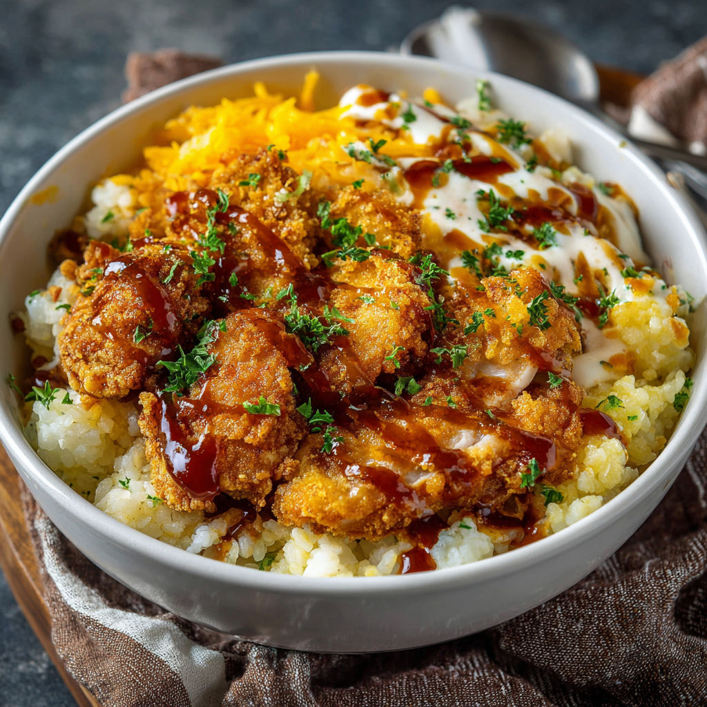 A bowl of food with chicken and rice.