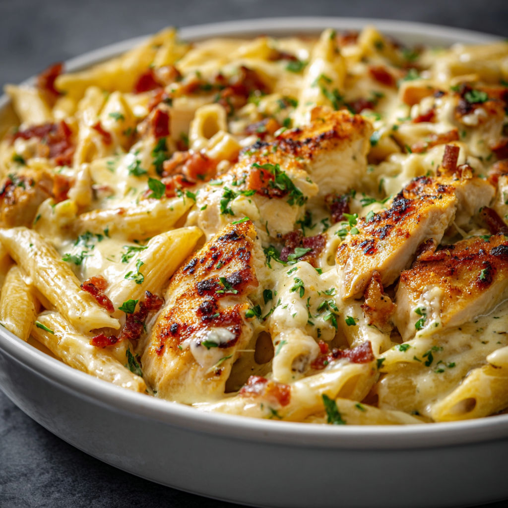 A bowl of pasta with chicken and cheese.