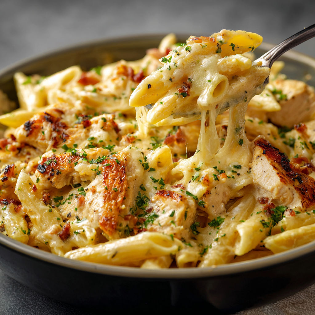 A bowl of pasta with chicken and cheese.