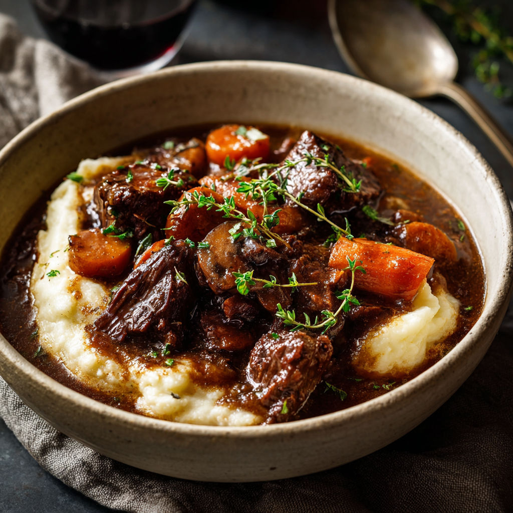 A bowl of beef bourguignon with mashed potatoes and carrots.