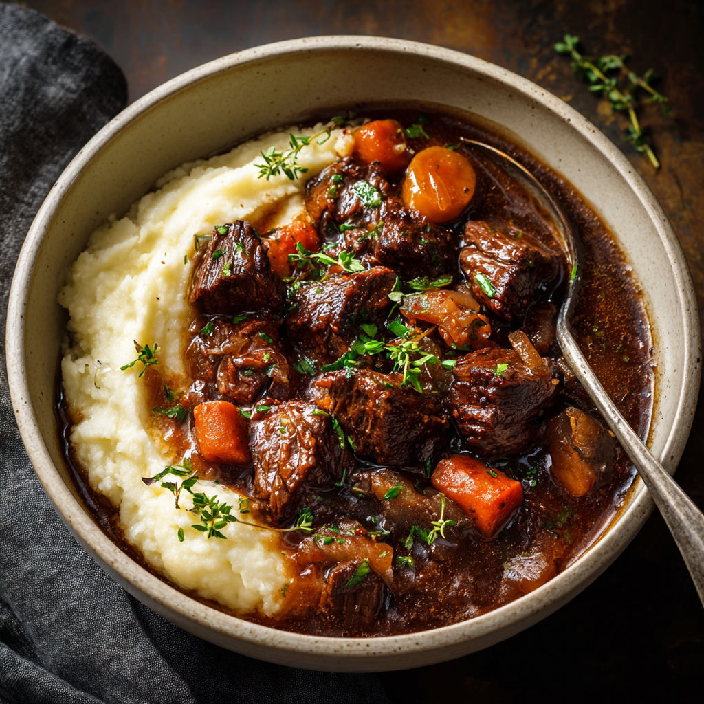 A bowl of food with meat and potatoes.