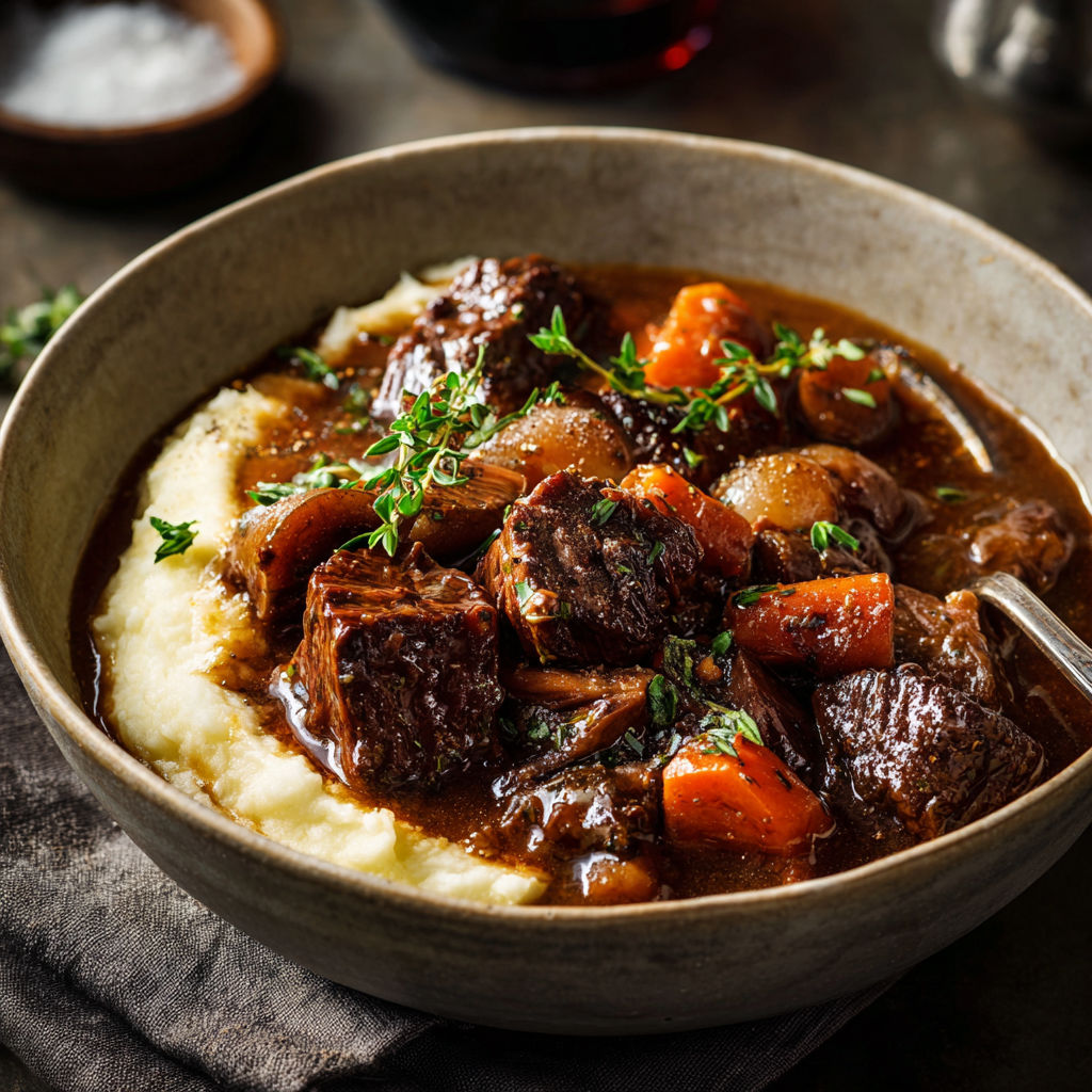 A bowl of beef stew with potatoes and carrots.