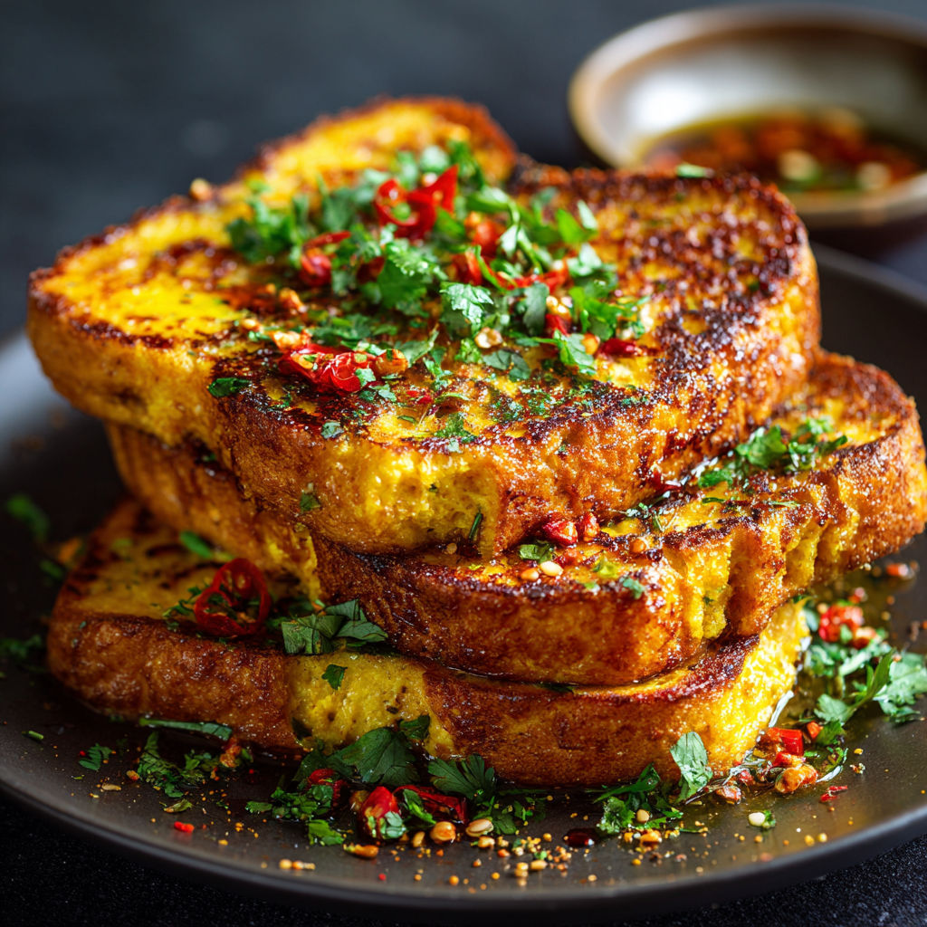 A plate of French toast with chili and turmeric.
