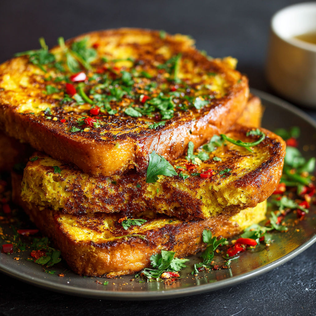 A plate of French toast with turmeric and chili.