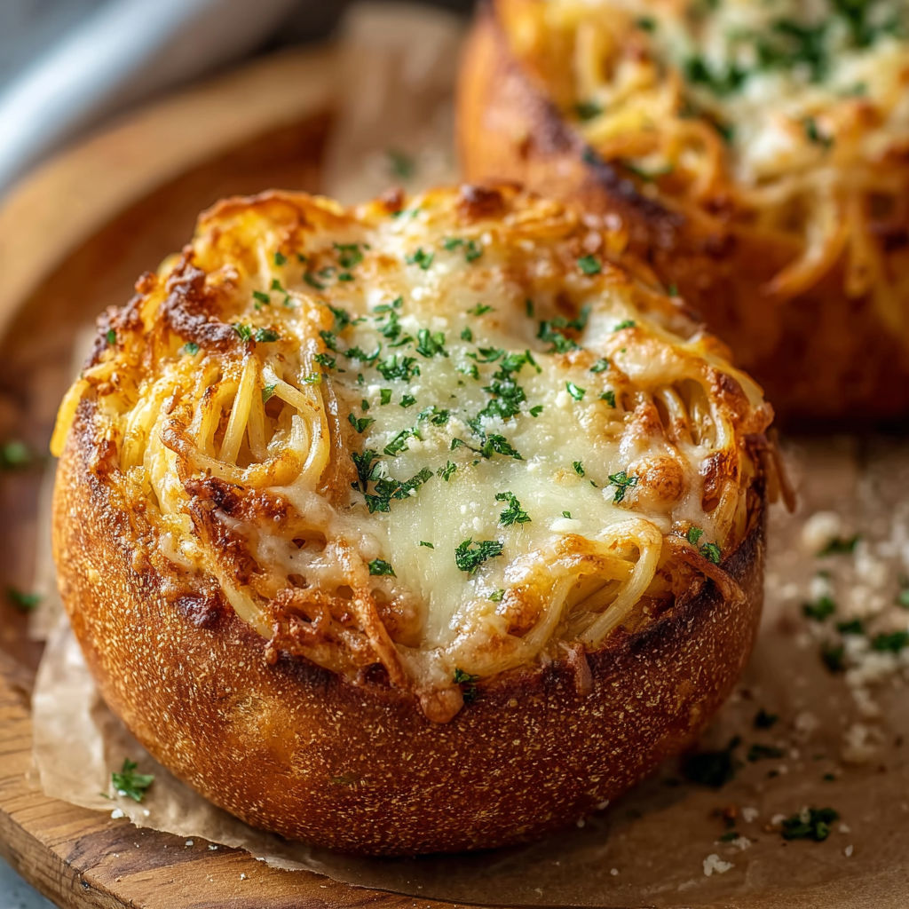 Two garlic bread bowls filled with spaghetti.