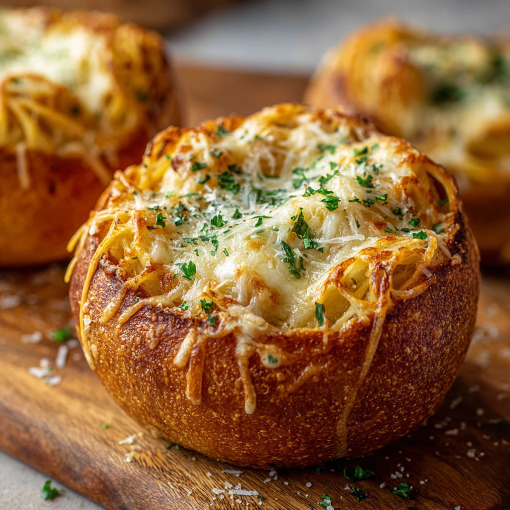 Two cheese and herb filled bread bowls.