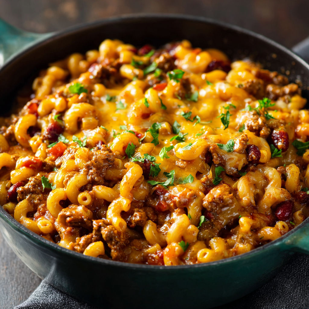 A bowl of macaroni and cheese with meat and vegetables.