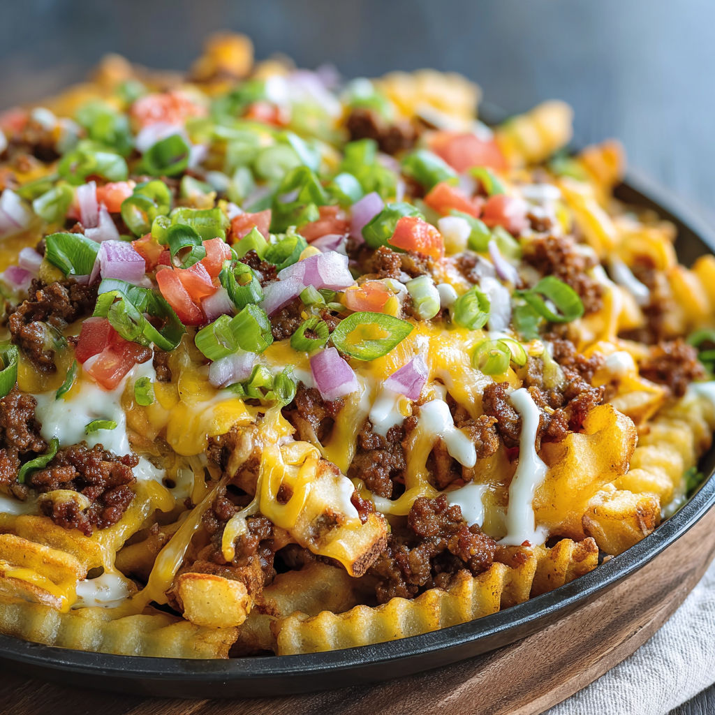 A plate of cheeseburger loaded fries.