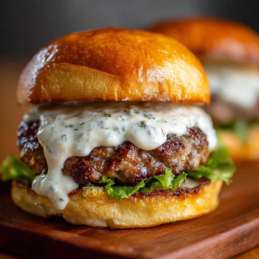 Two burgers with garlic overload on a wooden table.