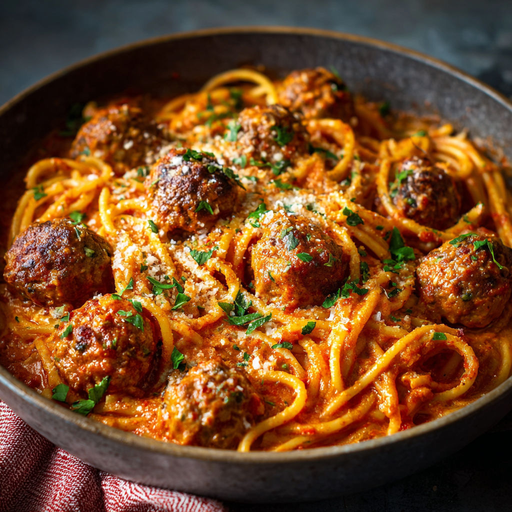 A bowl of creamy spaghetti and meatballs.