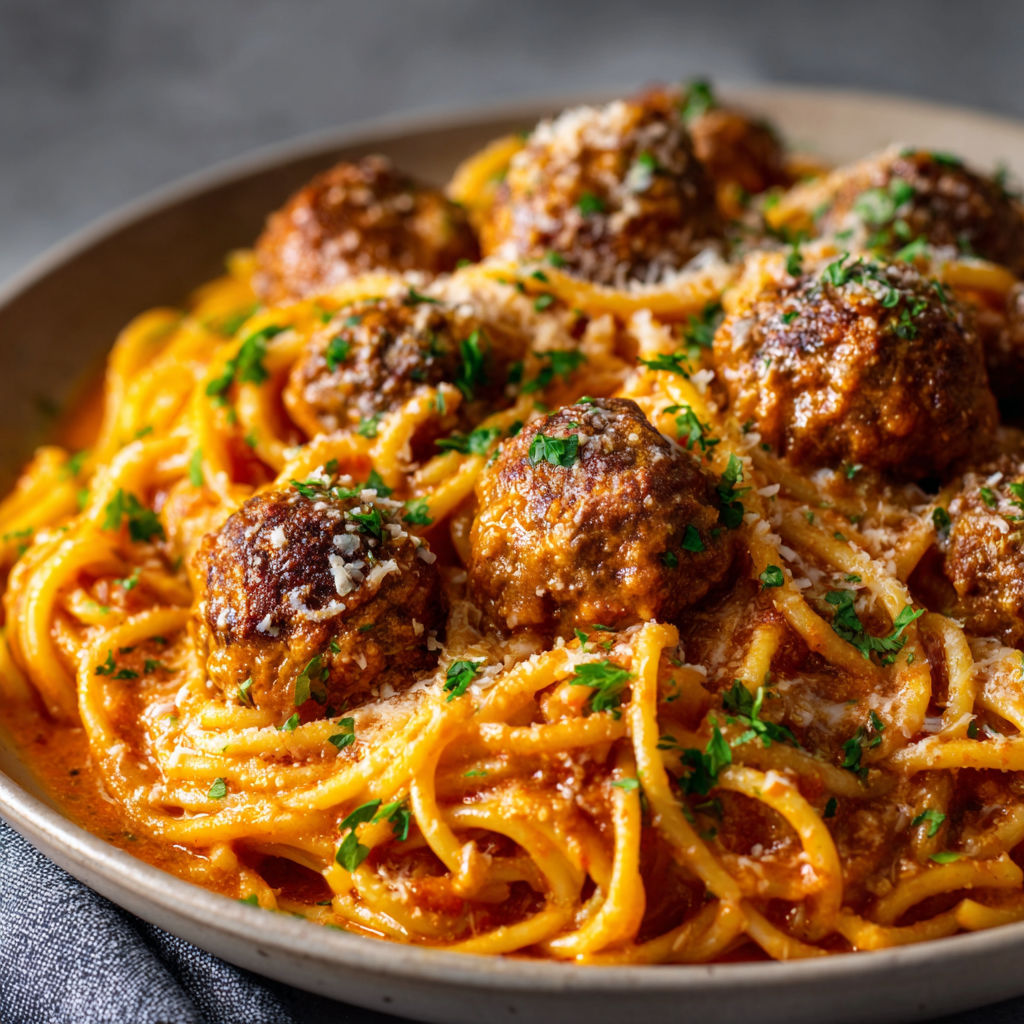 A bowl of creamy spaghetti and meatballs.