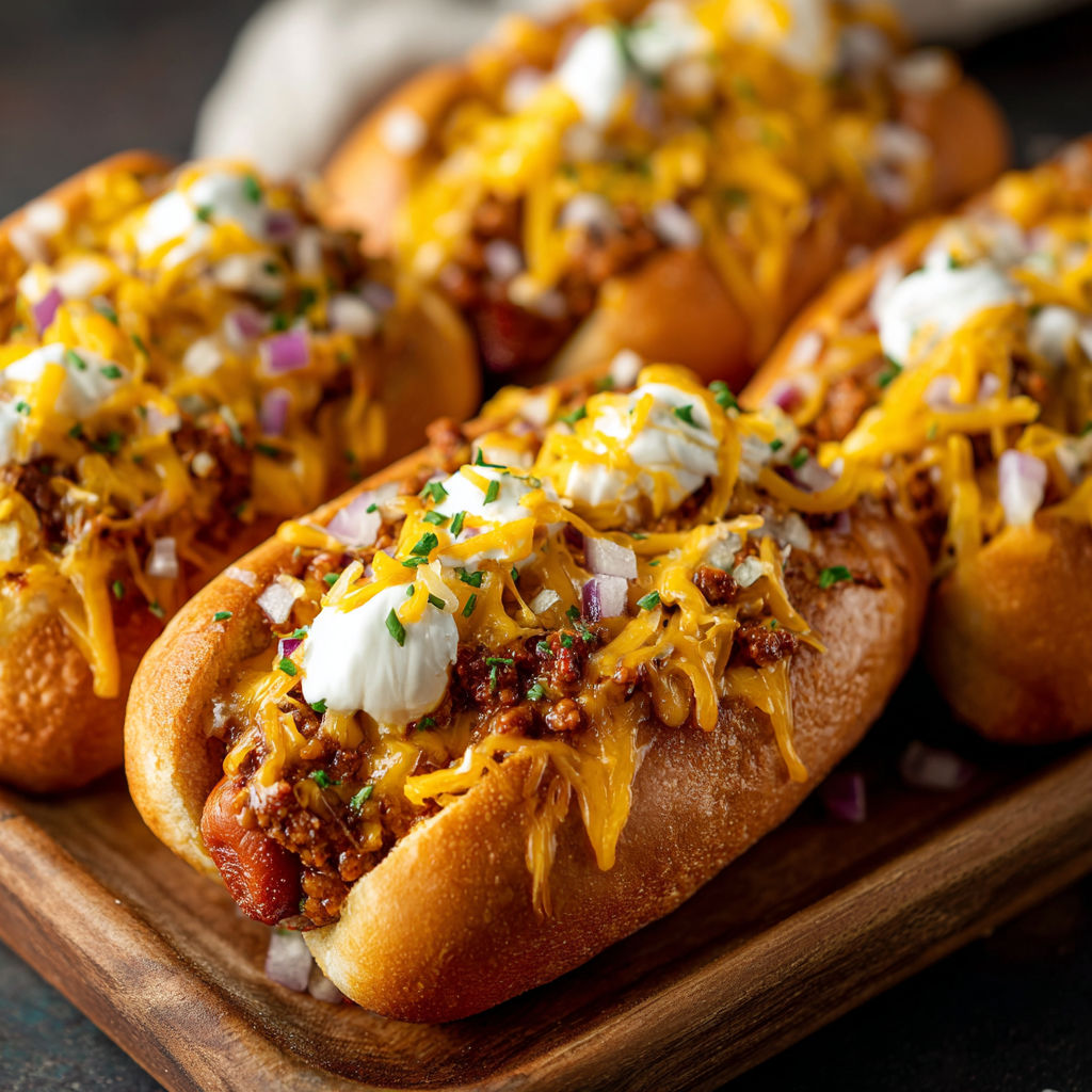 A plate of baked chili cheese dogs.