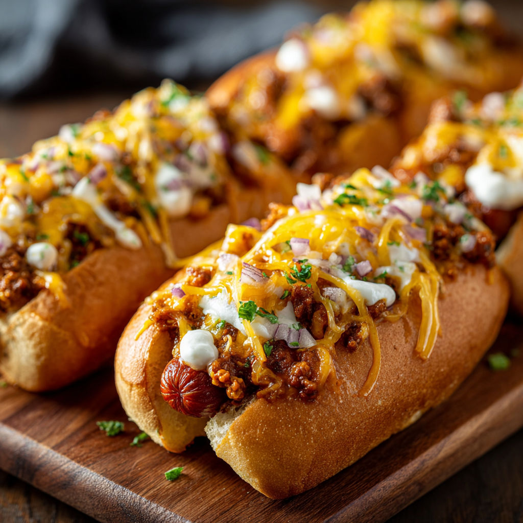 Two hot dogs with chili and cheese on a wooden board.