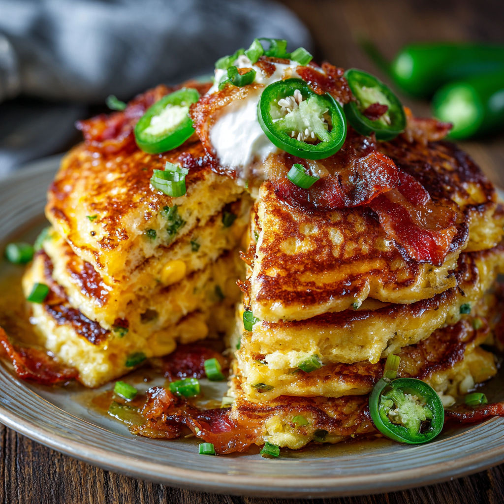 A stack of jalapeno and cheddar corn pancakes with bacon on top.