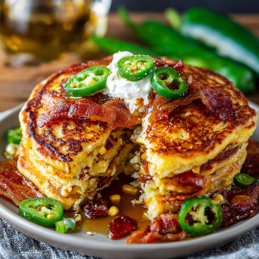 A plate of jalapeno and cheddar corn pancakes with bacon.