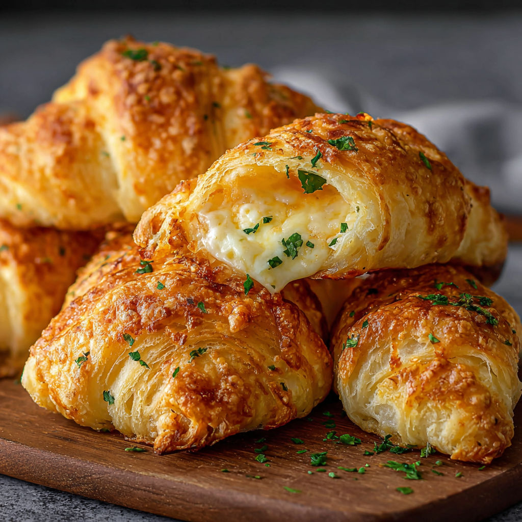 A plate of croissants with cheese and herbs.