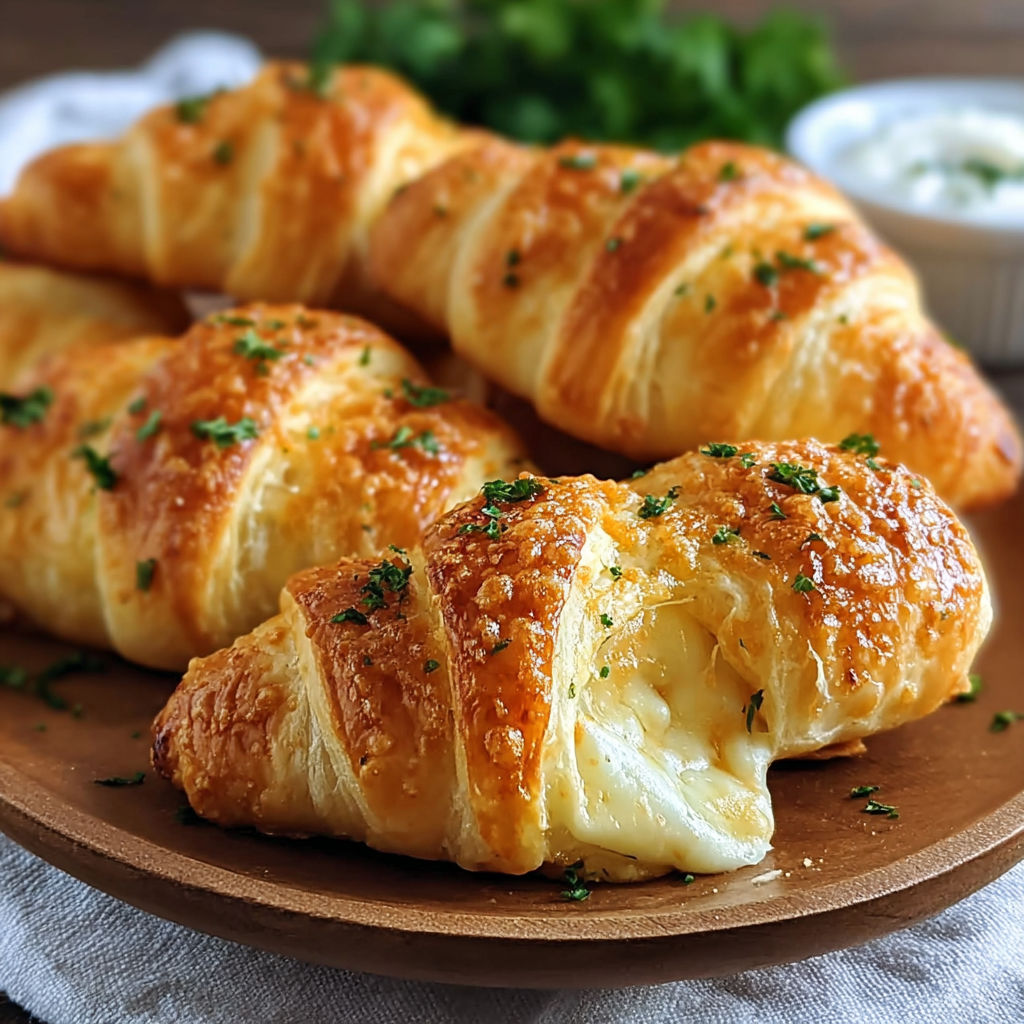 A plate of croissants with cheese and herbs.