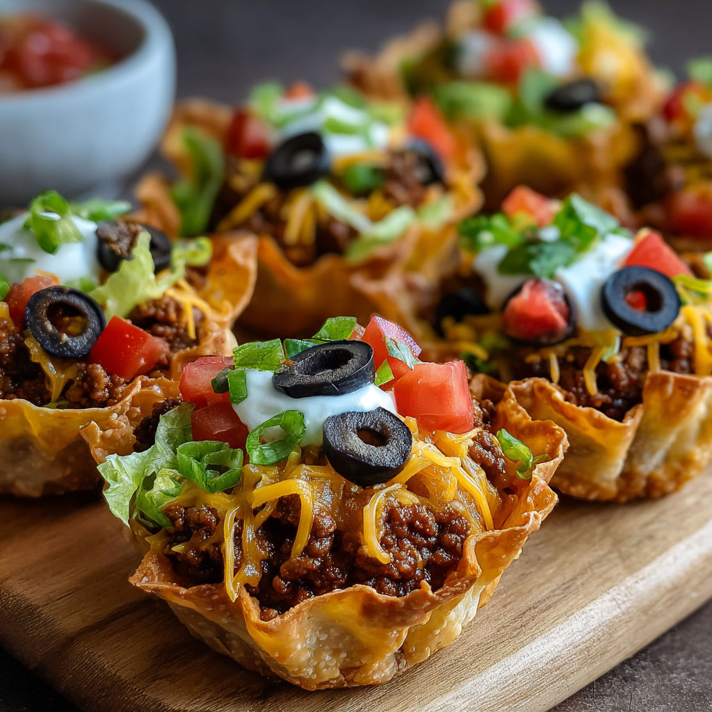 A plate of taco cupcakes with cheesy layers.