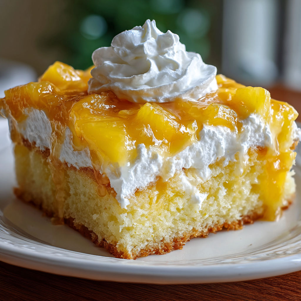 A slice of juicy pineapple heaven cake.