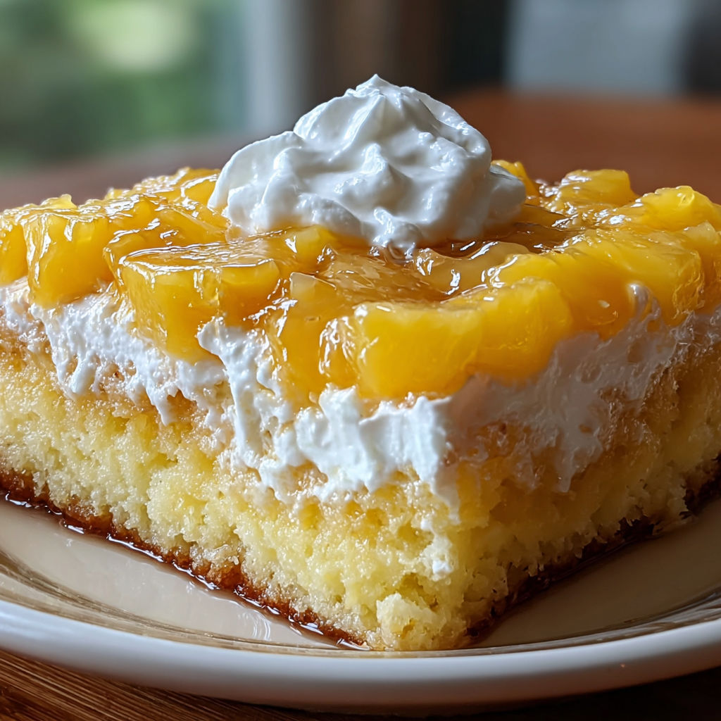A slice of juicy pineapple heaven cake.