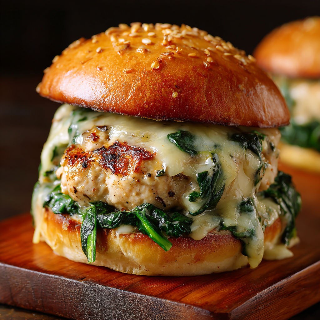 A delicious looking burger with spinach and chicken.