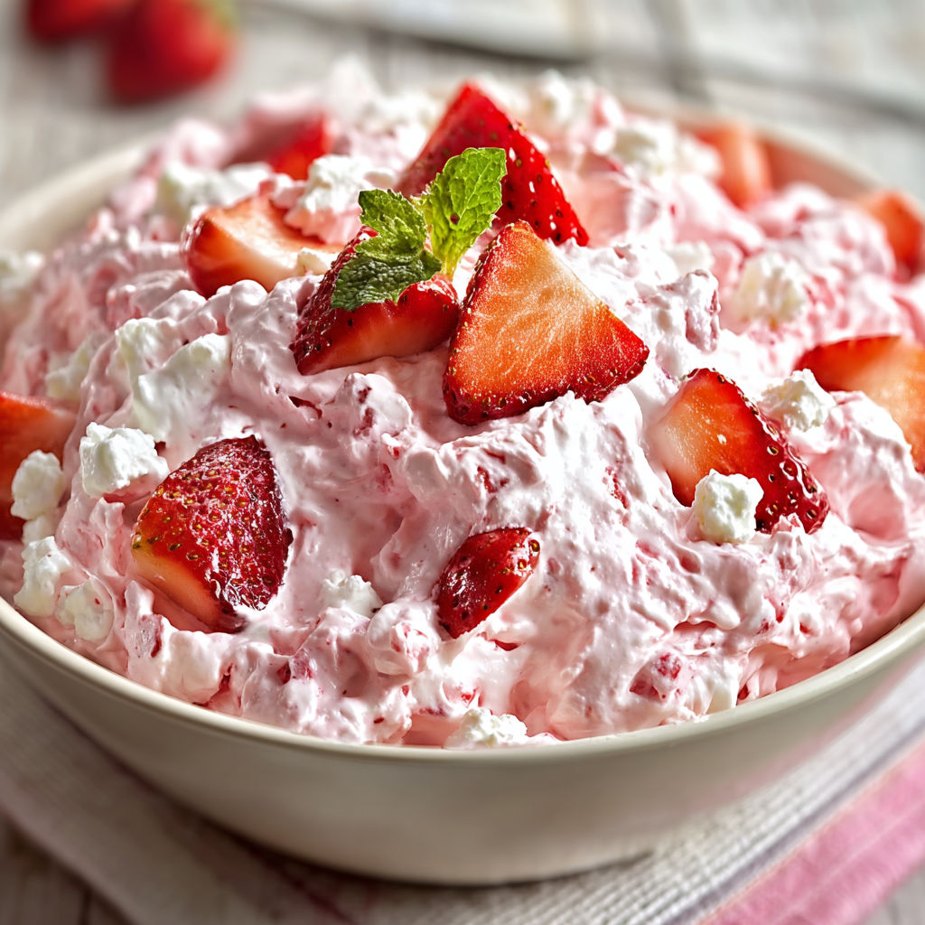 A bowl of strawberry fluff salad.