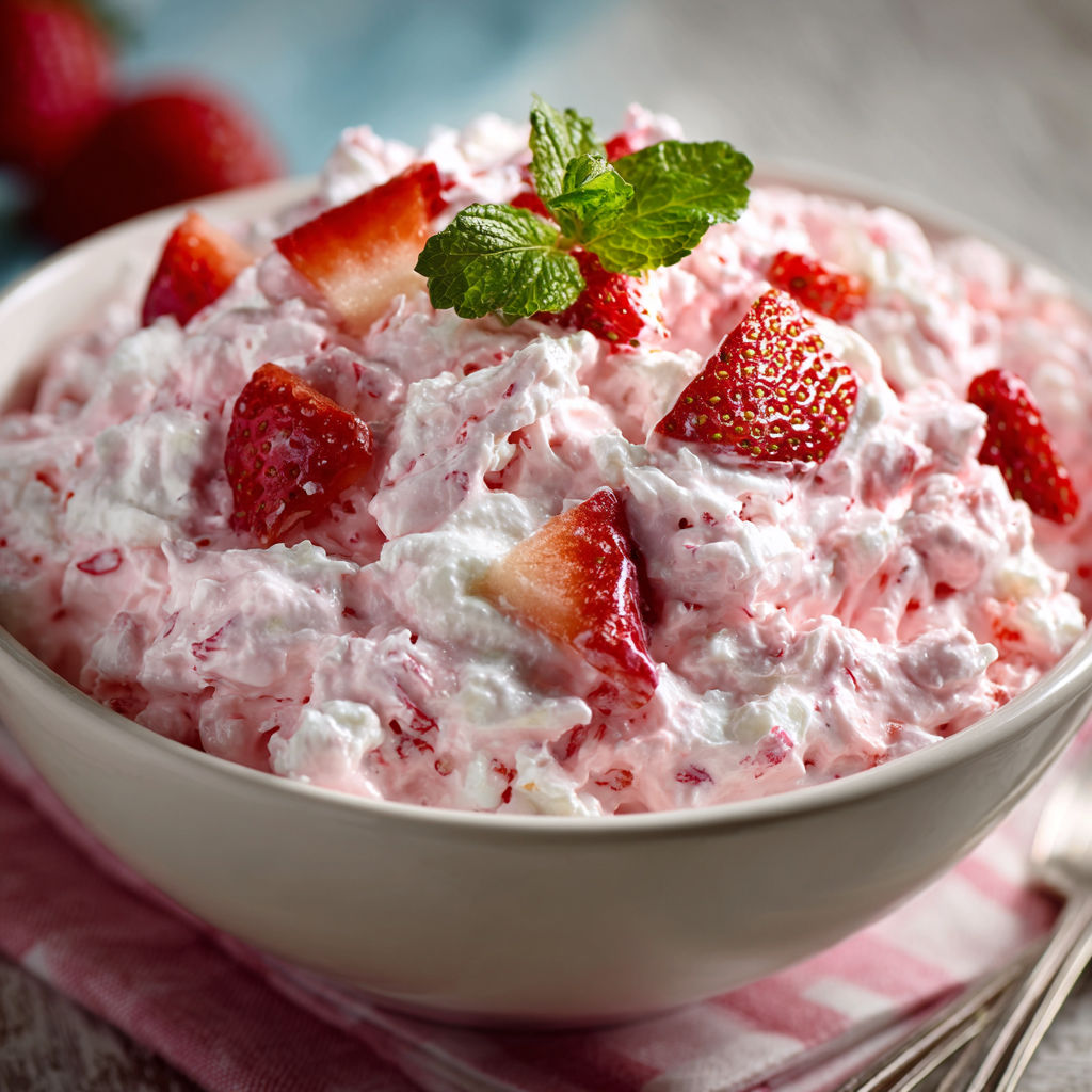 A bowl of strawberry fluff salad.