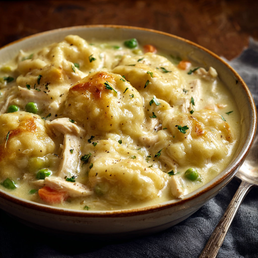 A bowl of chicken and dumplings.
