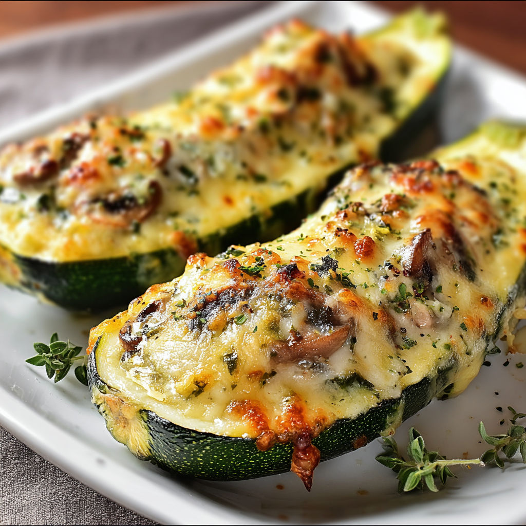 A plate of stuffed zucchini with mushrooms and spinach.