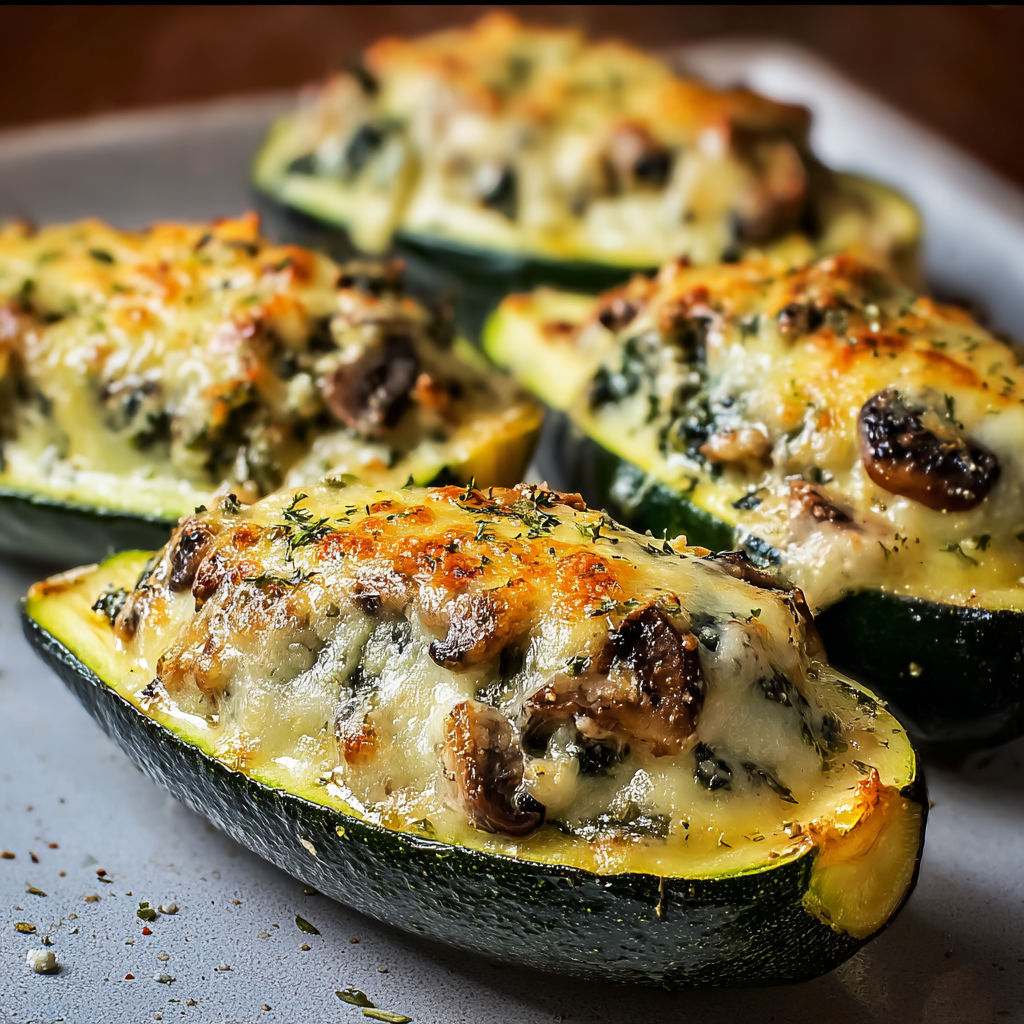 Stuffed zucchini with mushrooms and spinach.