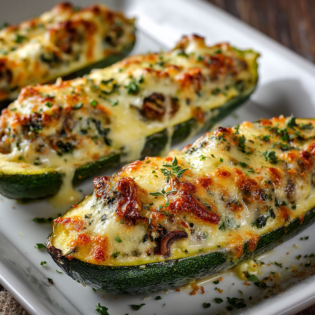 Three stuffed zucchinis with mushrooms and spinach.