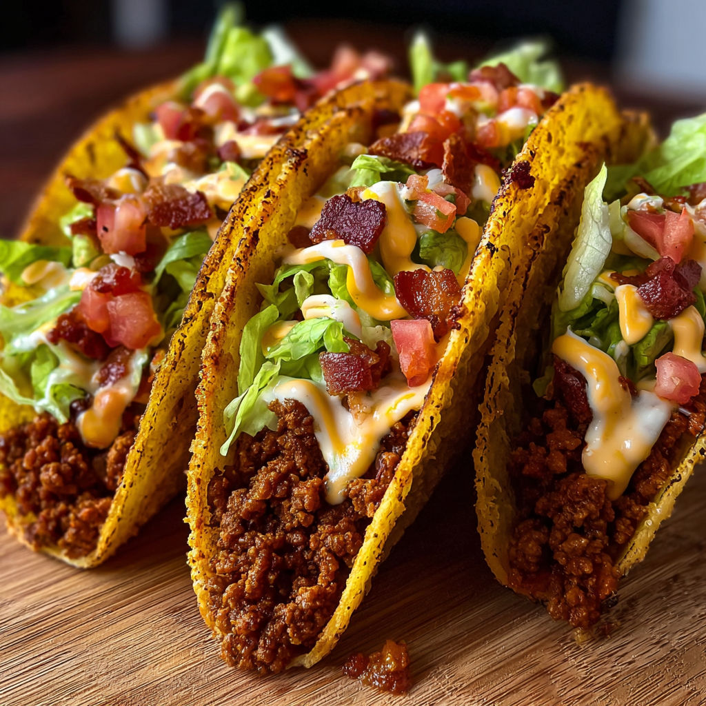 Two loaded bacon cheeseburger tacos.