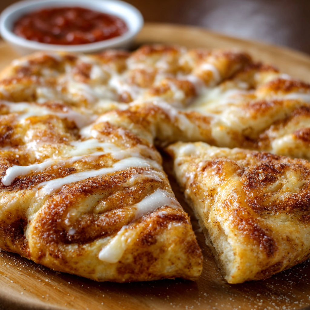 A slice of cinnamon sugar crescent roll pizza.