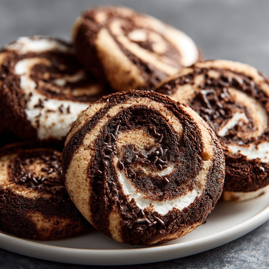 A plate of chocolate marshmallow swirl cookies.