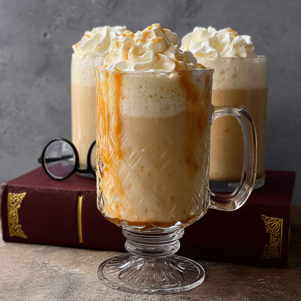 A glass of frozen butterbeer with whipped cream on top.