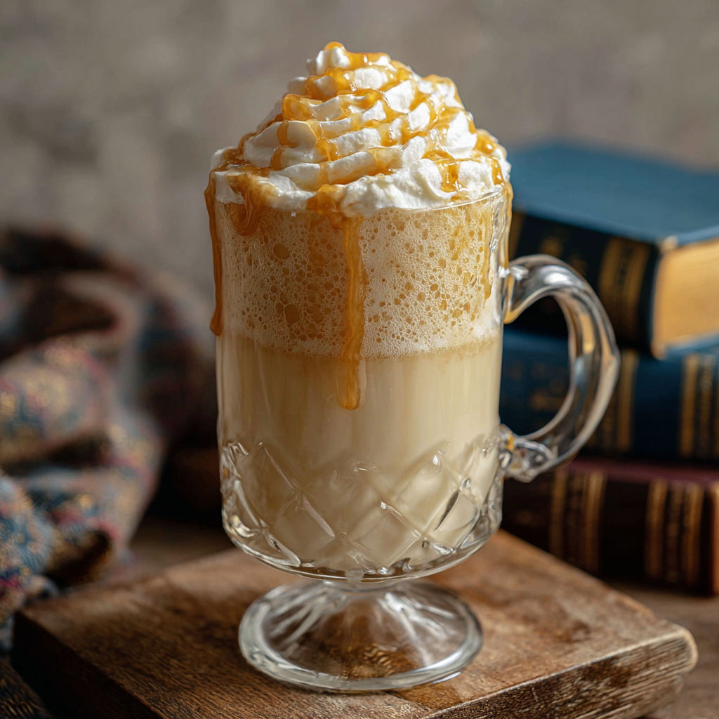 A glass of cream with a drizzle of caramel on top.