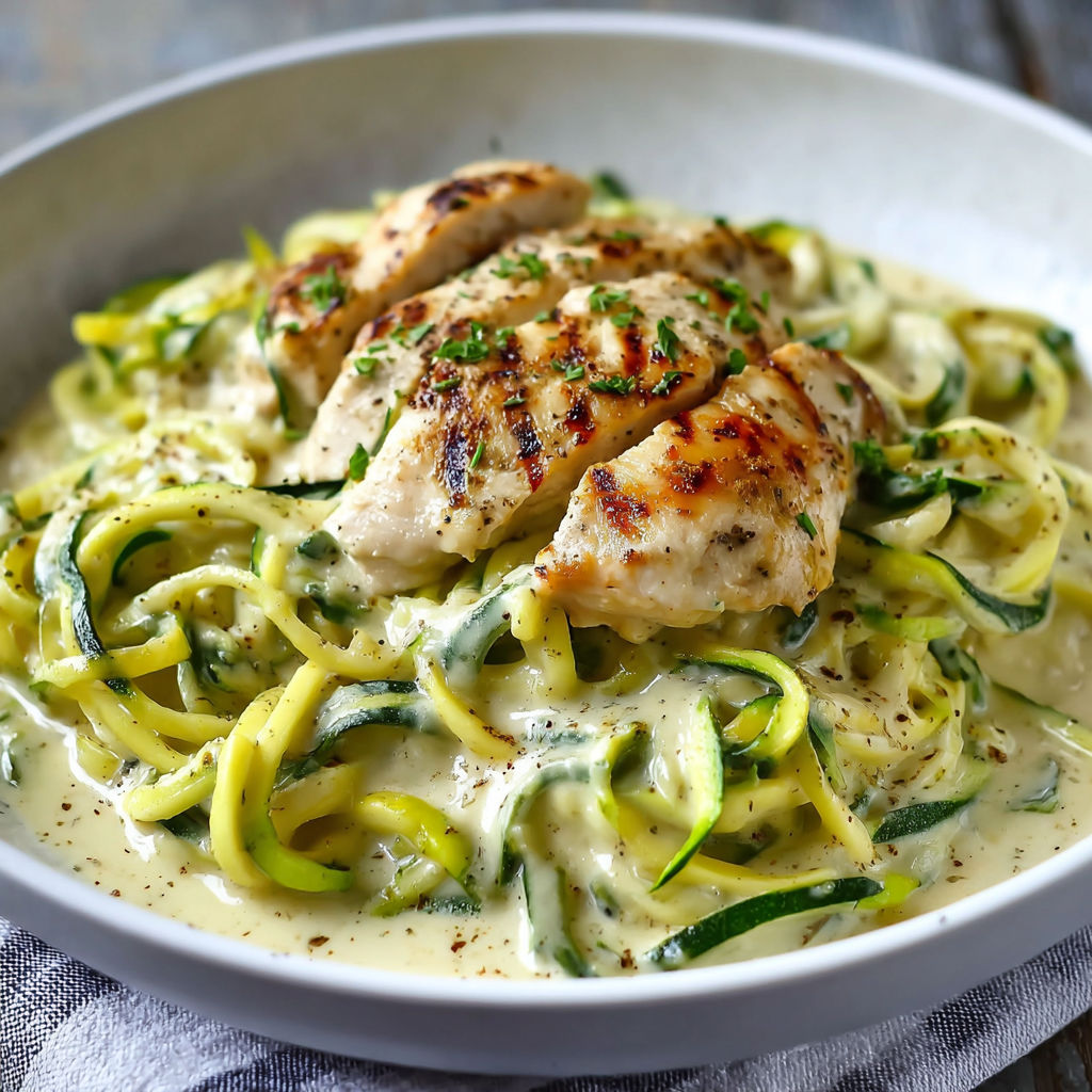 A plate of food with chicken and zucchini noodles.