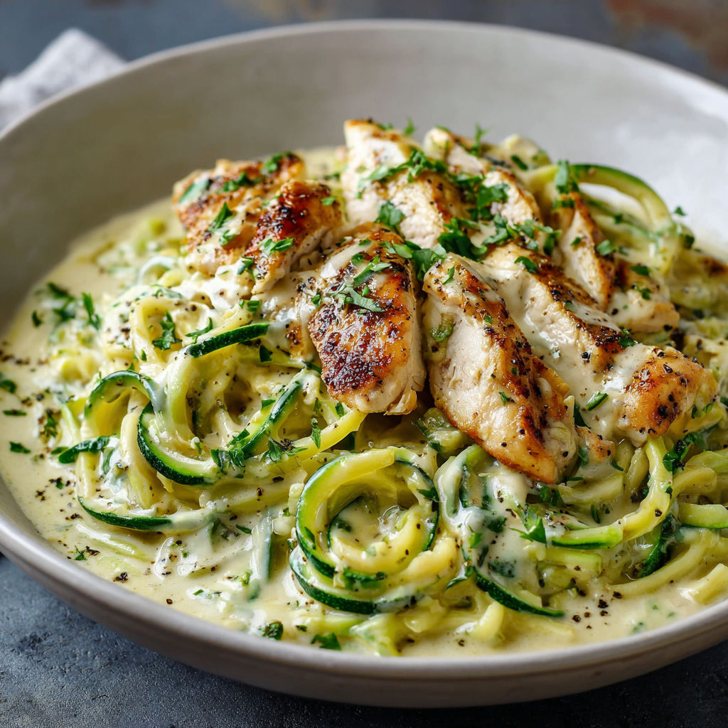 A plate of food with chicken and zucchini.