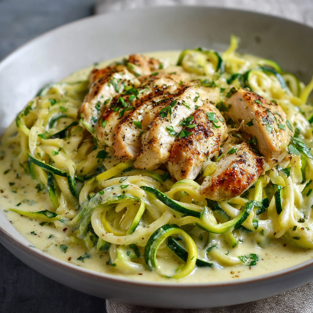 A bowl of food with chicken and zucchini.