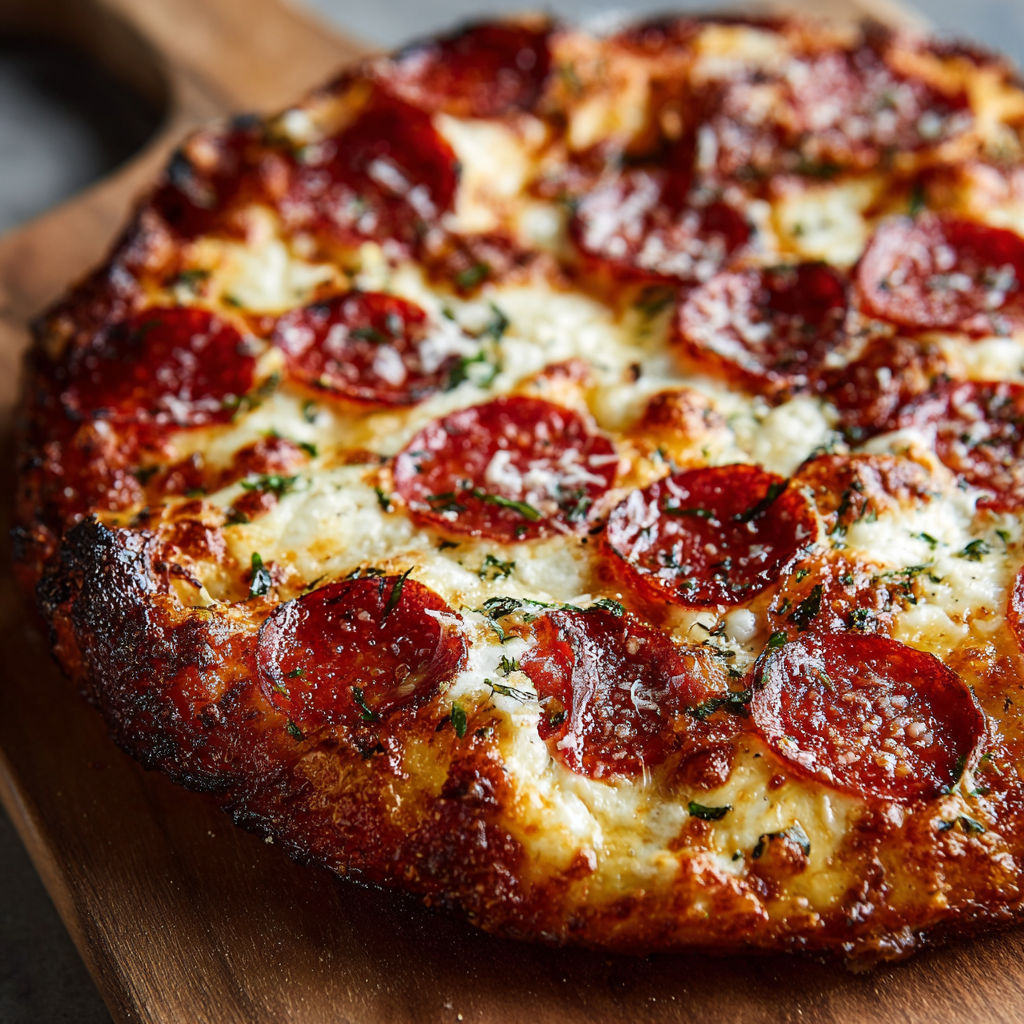 A pepperoni pizza with cheese and herbs on a wooden board.